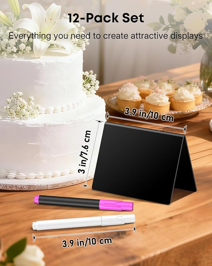 Uniclife 12 Pack Mini Chalkboard Signs for Food, Small Chalkboard Signs with Chalk Markers, Reusable Glossy Acrylic Food Signs Food Labels for Party Buffet Wedding, Blackboard Place Cards Table Signs