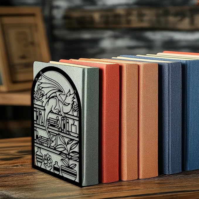 Peacoblue Metal Bookends for Shelves, Modern Decorative Heavy Duty Study Book Support Stoppers for Office, Desk, Shelf, Room 5.3"x4.3"x7.9" Cast Iron Bookends, 1 Pair (Cartoon Dragon and Bookcase)