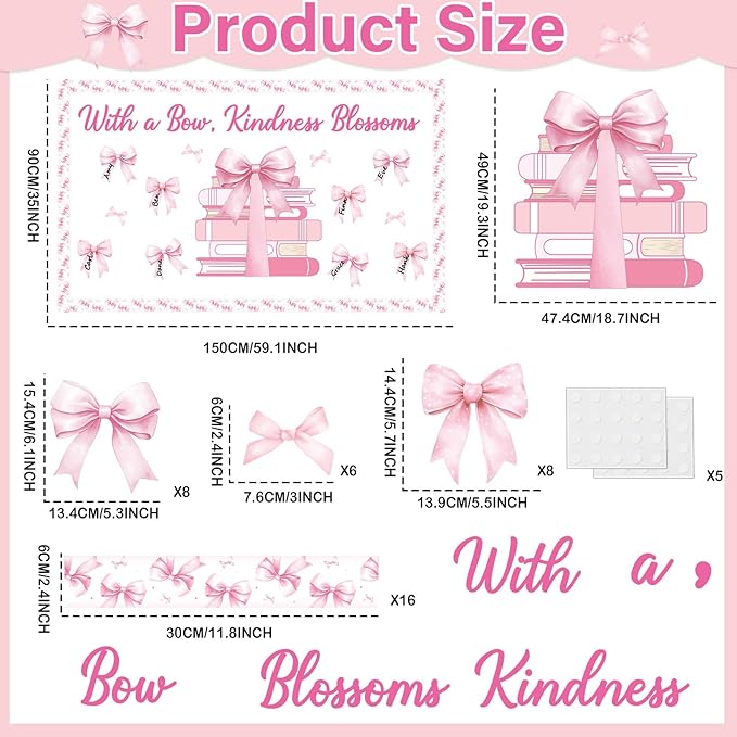 Pink Bow Bulletin Board Set Motivational Kindness Classroom Bulletin Board Decorations Bow Reading Book Cutouts Border Classroom Decorations for Back to School Office Home Chalkboard Decor Wall Door