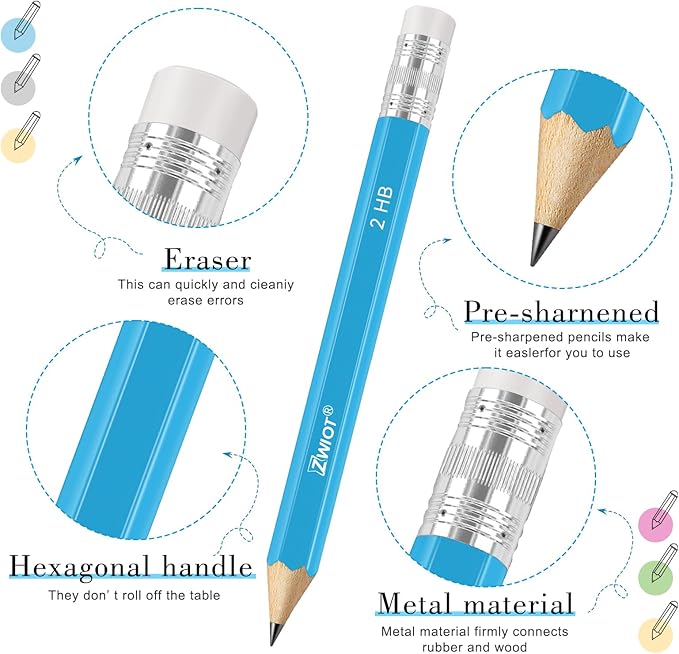 ZWlOT Golf Pencils with Eraser, #2 HB Half,4" Mini,Pre-Sharpened,120/200/320 Count Pencils Wood Cased Short for Classroom, Office, School, Wedding and Party Game(Blue-120pcs)