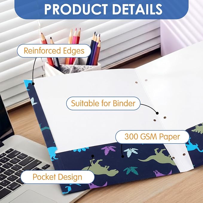 Marspark 12 Pack Pocket Folders for Boys School Folder with Pocket 3 Hole and 2 Pockets Compatible File Holder Heavy Duty Fun Trendy Design for Back to School Office Elementary Classroom Filing