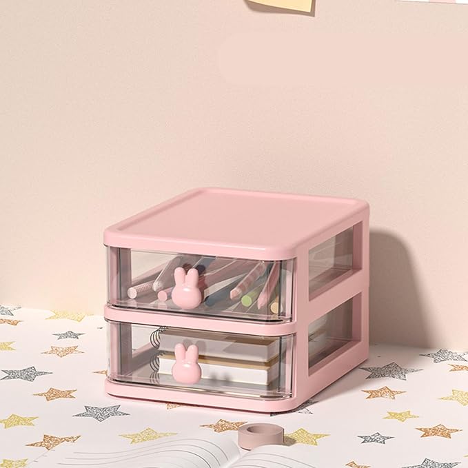 ZJchao Plastic Drawers Organizer Plastic Storage Drawer Desk Drawer Organizer Multi Tier Large Capacity Transparent with Bunny Handle for Office Supplies Books Pens (Pink, 2 Tier(13.4x17x11cm))
