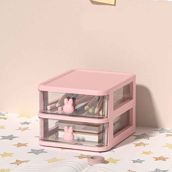 Multi-Tier Transparent Plastic Desk Storage Box with Bunny Handle - Large Capacity Drawer Organizer for Office, Books, Pens (White, 2 Tier, 13.4x17x11cm)