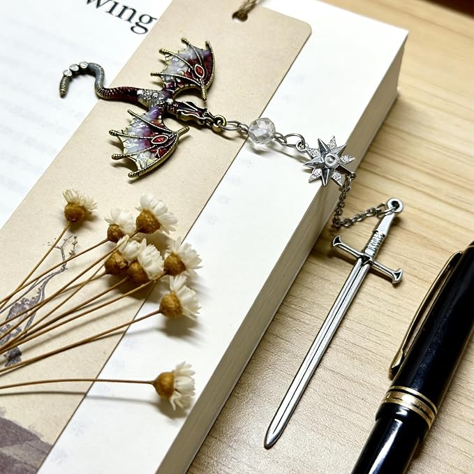 Fourth Wing Bookmark with Sword and Red Dragon-Fantasy Antique Tassel Metal Pendant, Vintage Red Bookmarks for Reading Lovers Women, Men, Teachers and Students, Christmas Birthday Gifts