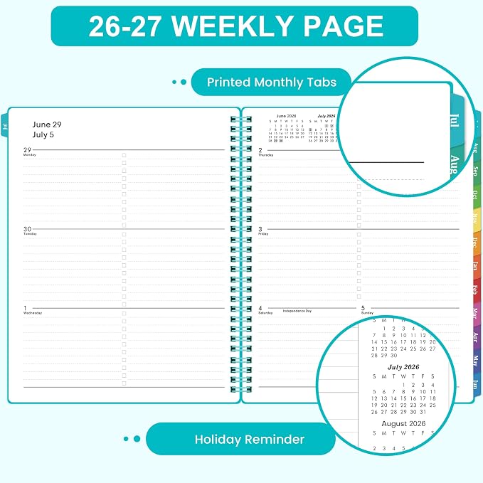 Planner 2026-2027 - Weekly & Monthly 2026-2027 Planner with Printed Tabs, Jul. 2026 - Jun. 2027, 8" x 10", Flexible Cover, Twin-Wire Binding, Premium Paper, Perfect Oganizer - Green