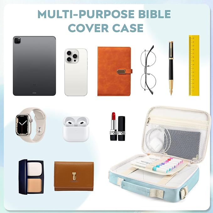 Bible Cover Case for Women Grils, Preppy Bible Bag with Adjustable Shoulder Strap, Waterproof Bible Carrying Tote Bags Holder for Bible Study Supplies Accessories & Christian Gifts (Blue)
