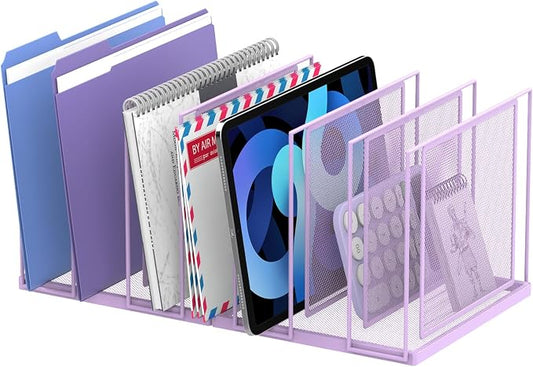 File Organizer for Desk, 7-Section Vertical File Sorter, Paper Holder Organizer Standing Metal File Folder for Office Home Classroom, Purple