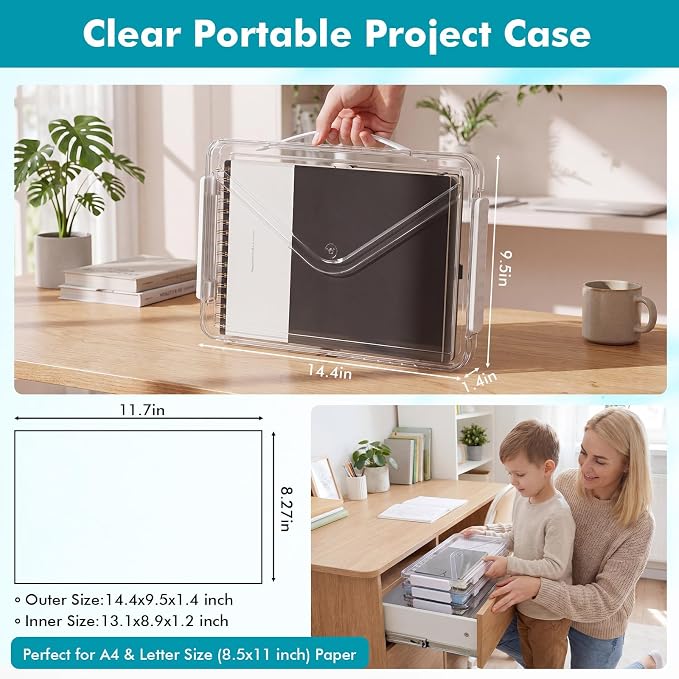 Novabright 3 Pack Clear Plastic File Boxes with Handle Portable Project Case Paper Storage Bin with Lid Transparent Stackable Container Document Magazine Protector for A4 Paper Photo Craft Scrapbook