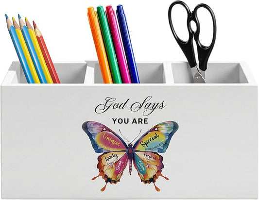God Says You Are Butterfly Christian Pen Holder for Home Office Desk, Christian Gifts for Women, Butterfly Inspirational Bible Verse Wooden Box Sign Pencil Holder for Desk Shelf Organizer