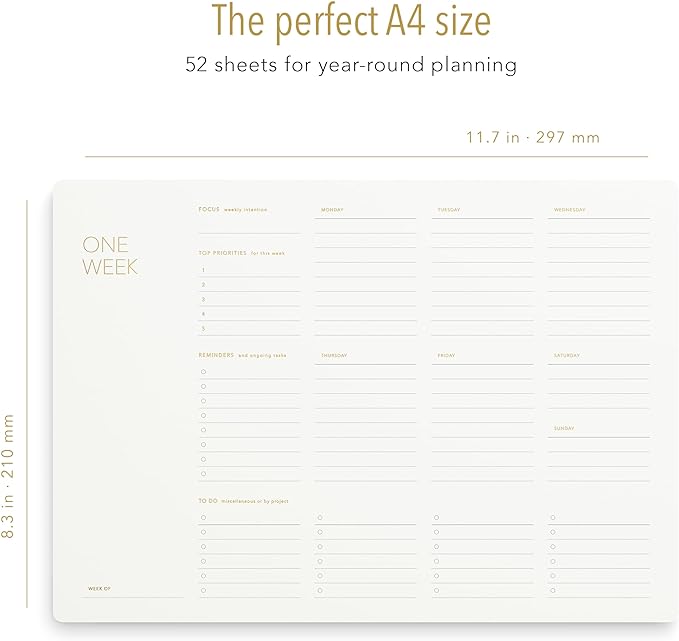 Pinesman - One Week - Elegant Undated Weekly Desk Planner, Gold Foiled, A4, Minimalist Weekly To Do List Notepad, Daily Schedule, Work Week Planner Pad, Eco-friendly, FSC™ Certified