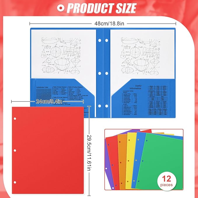Yeaqee 12 Pcs Plastic Folders with Pockets Bulk 3 Hole Punched 2 Pocket File Folders for 3 Ring Binder Divider Folder for Notebooks, Durable Poly for Office Home (Stylish Color)
