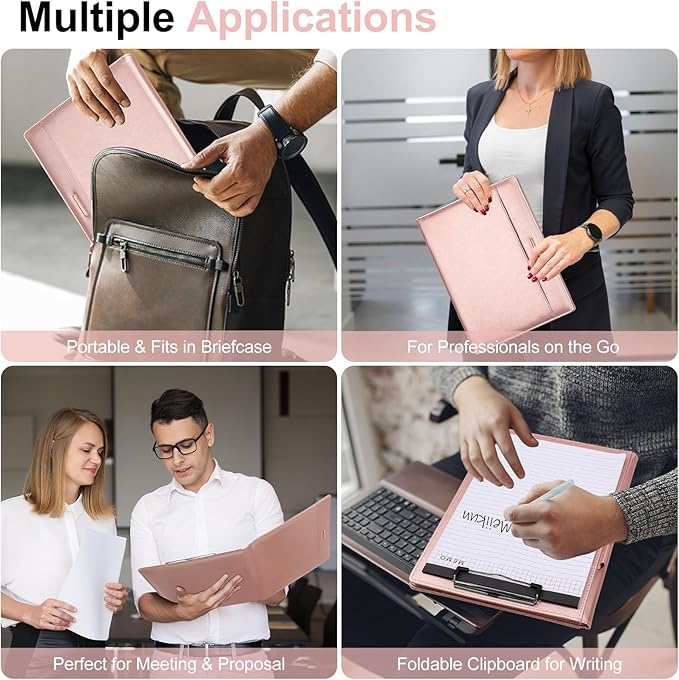 Padfolio with Clipboard, PU Leather Business Portfolio Binder, Interview Resume Folder with Card Holder, A4 Letter Document Organizer Included Writing Note Pad for School Office Conference (Rose Gold)