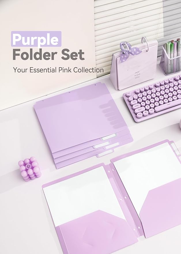 SortRax Plastic Folders with Pockets 3 Hole Punched, 6 Pack Purple Pocket Folders for 3 Ring Binder, Unique 1/3 Cut Tabs with Colorful Labels, Letter Size