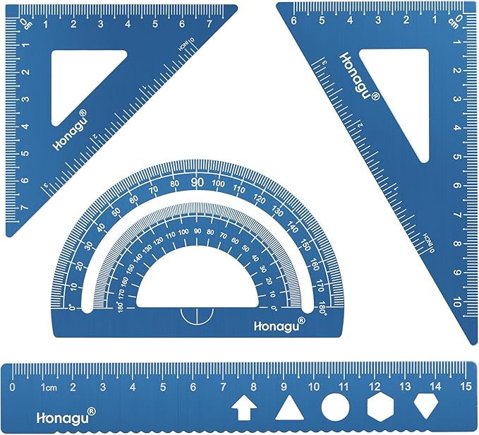Honagu Triangular Ruler Set, 4 PC Metal Drafting Ruler, Geometric Protractor, Measuring Drawing Tool for Students, Teachers, Draftsmen, Engineers, Home School Office Supplies (15cm/5.9inches, Blue)
