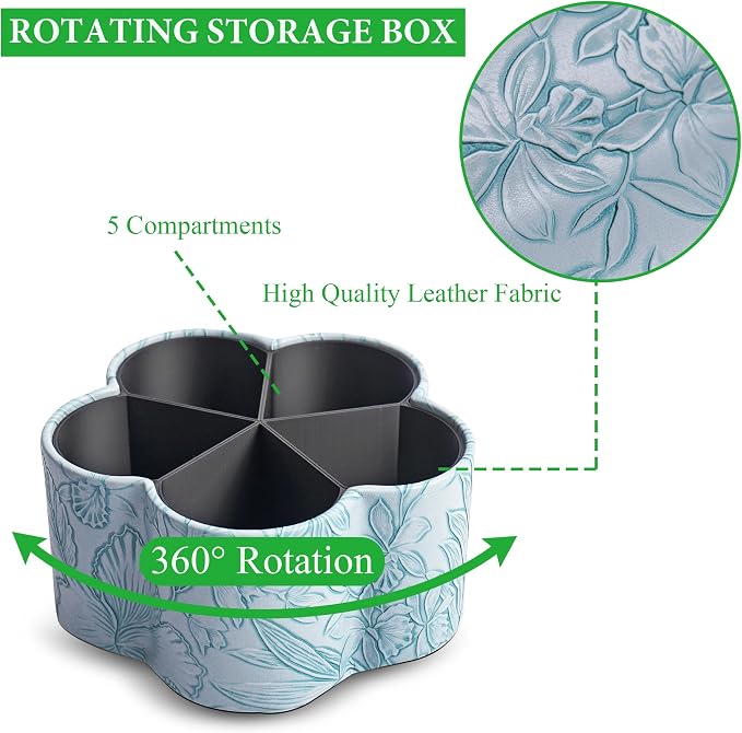 Flower Shaped Leather Art Supply Organizer,Remote Control Holder,360 Degree Spinning,Multi-Functional Pencil Holder,5 Compartments Desktop Stationary Organizer(1-Flower Blue)