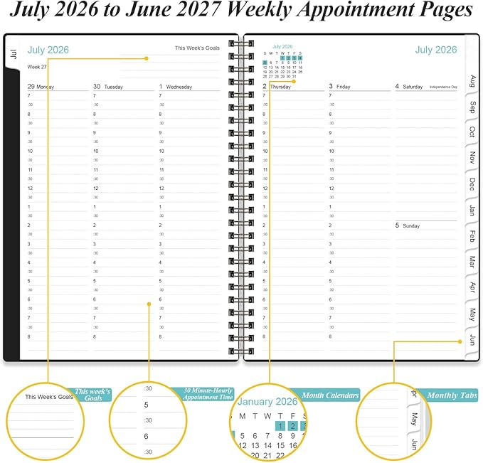 2026-2027 Appointment Book & Planner - 2026-2027 Daily Hourly Planner from July 2026 - June 2027, Weekly Appointment Book with 30-Minute Interval, Medium 6.4" x 8.5", Black-B