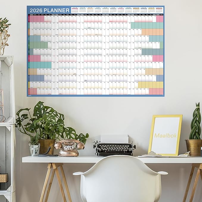 2026 Yearly Wall Calendar - Yearly Wall Calendar 2026, 2026 Calendar, Jan 2026 - Dec 2026, 23.1" x 34.6" (Open), Julian Dates, Thick Paper, Double-Sided Round Stickers, Grayish Blue