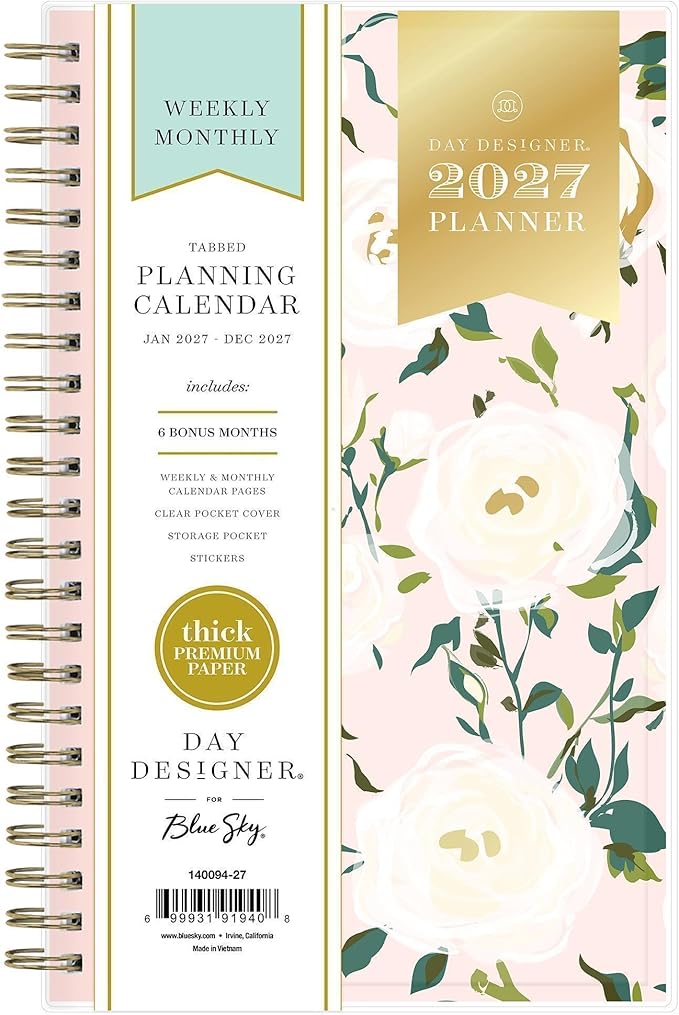 Blue Sky Day Designer 2027 Weekly and Monthly Planner Calendar, January 2027 - December 2027, 5" x 8", Clear Pocket Cover, Durable Twin Wire Binding, Storage Pocket, Includes Stickers, Coming Up Roses