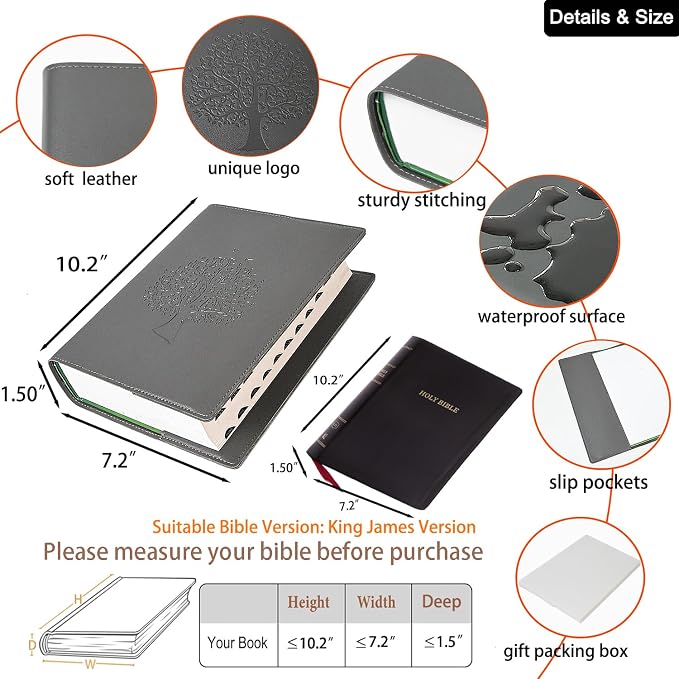 Bible Cover Case for Women and Men, Leather Bible Bag Suitable for 7.2"x10.2"x1.5" Standard Size Bible Protective Classic(Gray,Large,7.2"x10.2"x1.5")