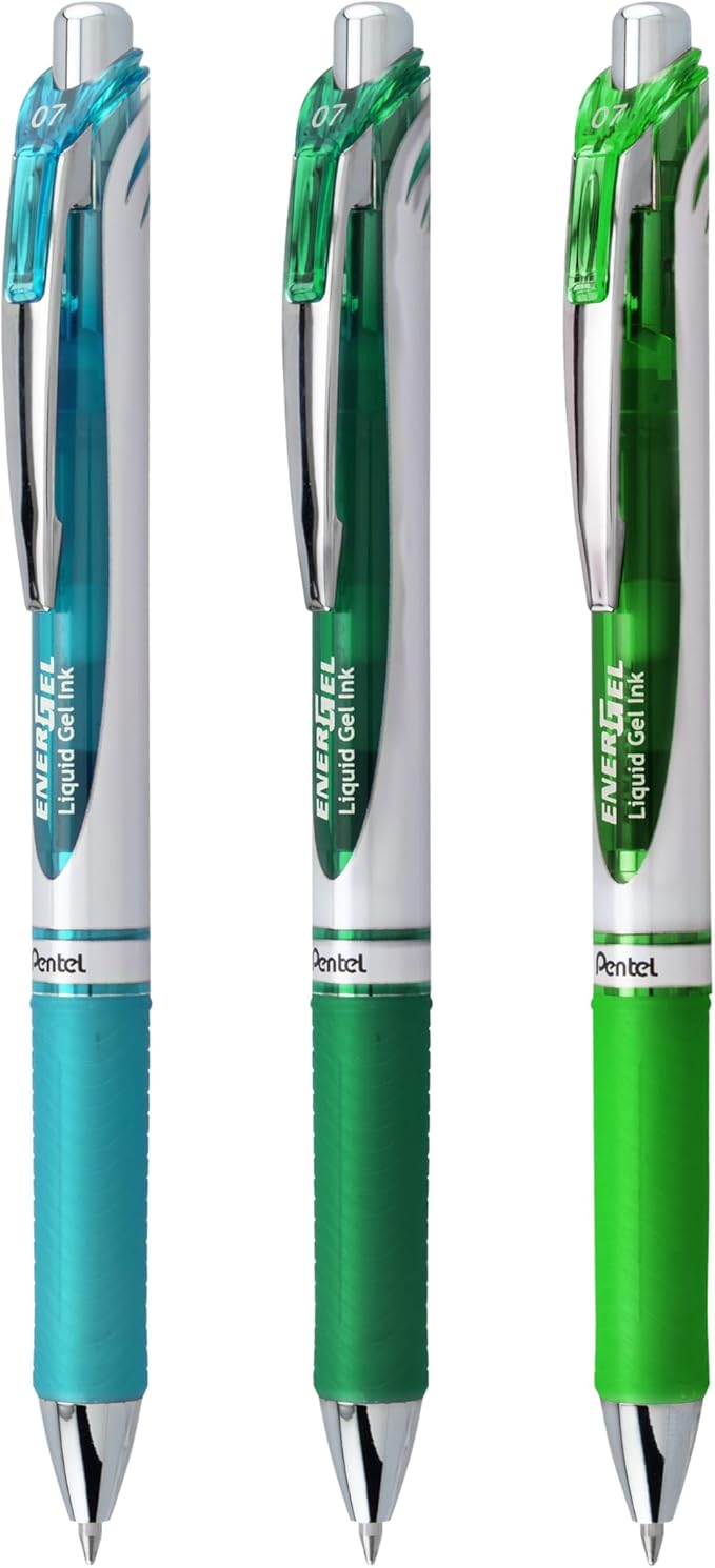 Pentel EnerGel RTX Retractable Liquid Gel Pen, 0.7mm, Chill Hue, Turquoise, Green, and Lime Green Ink, Pack of 3 Pens (BL77CHIBP3M)