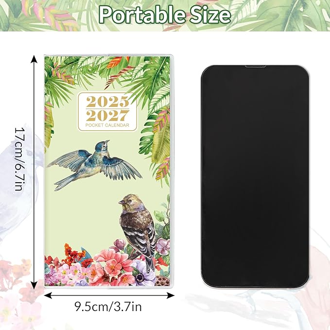Pocket Calendar 2025-2027, Monthly Planner 2025-2027 - Runs from July 2025 Until December 2027-6.7" x 3.7", Bird Calendar Planner with PVC Cover for Planning, Organizing and Office