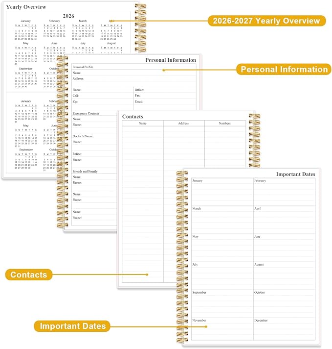 Monthly Planner 2026 - Monthly Calendar from January 2026 to December 2026, 2026 Planner with Inner Pocket, Elastic Band, 8.5" x 11", White Gold Flower