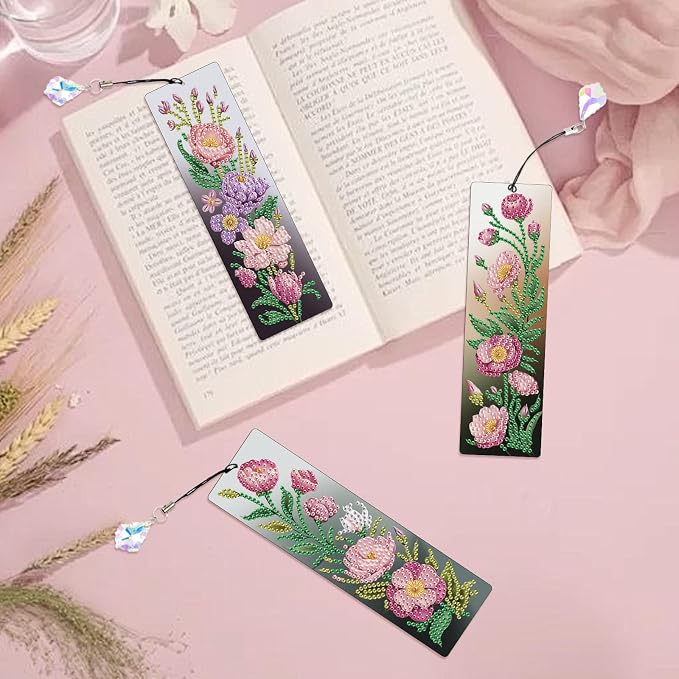 Tontut 3pcs Diamond Art Painting Kit Bookmarks, Pink Flower Exquisite Universal DIY Bookmarks, Lightweight and Durable, Suitable for Reading Lovers