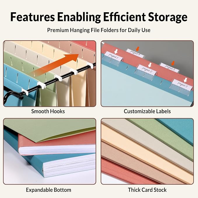 SUNEE Hanging File Folders Retro Colors, 6 Pack Letter Size File Folders with 1/5-cut Tabs, Stay Organized for Your Home and Office Bulk File and Documents