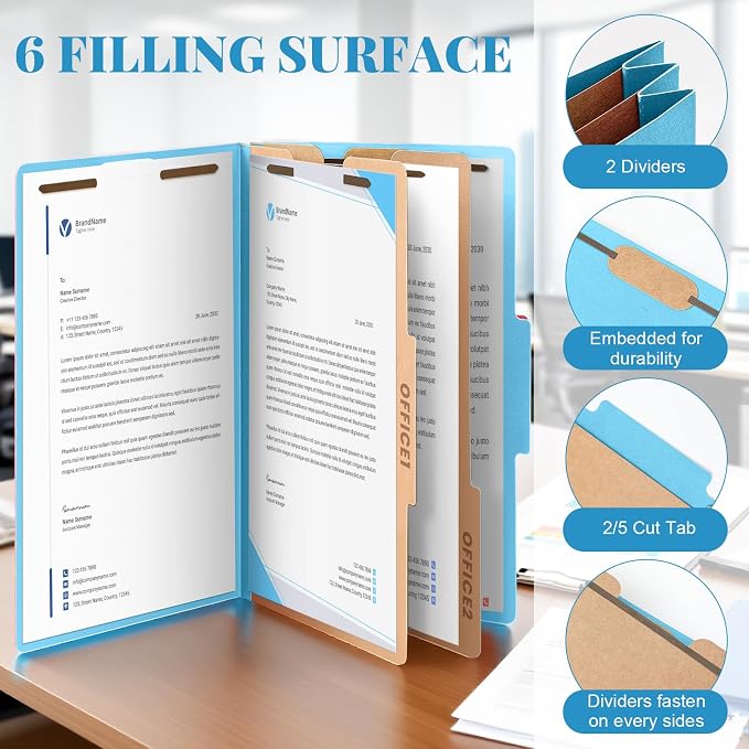 AmazingSpark 12 Pcs Legal Size Classification Folders Bulk 2 Dividers Pressboard File Folder with Expansion 2 Prongs Fastener Heavy Duty Office File Organizer for School Hospitals Home (Light Blue)