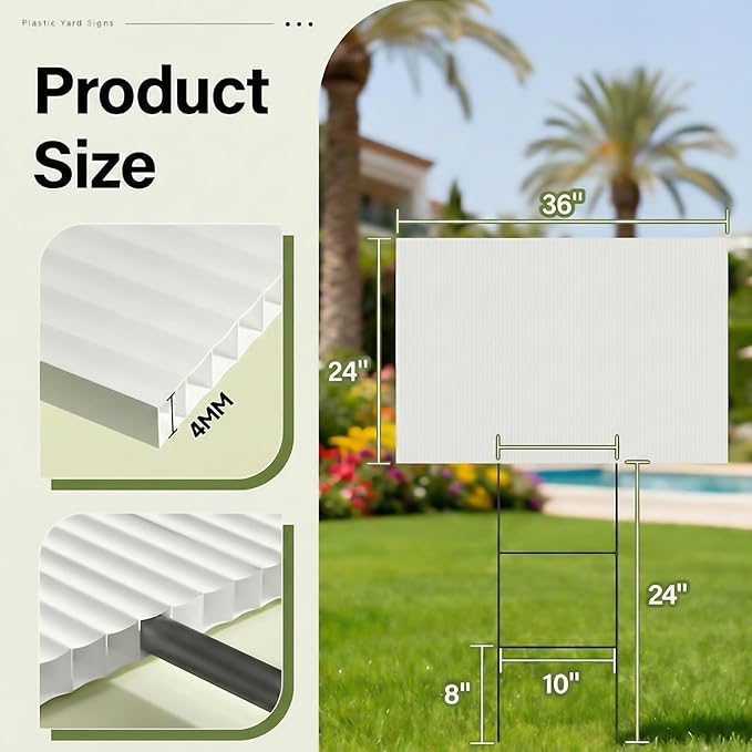 PEKGRIL 2 Pack 24 x 36 Inch Blank Yard Signs, Large Poster Board with Metal Stakes, Yard Sale Sign for Outside, Corrugated Plastic Board for Garage Sale, Garage Sale, Estate sale, Wedding, Parking - White