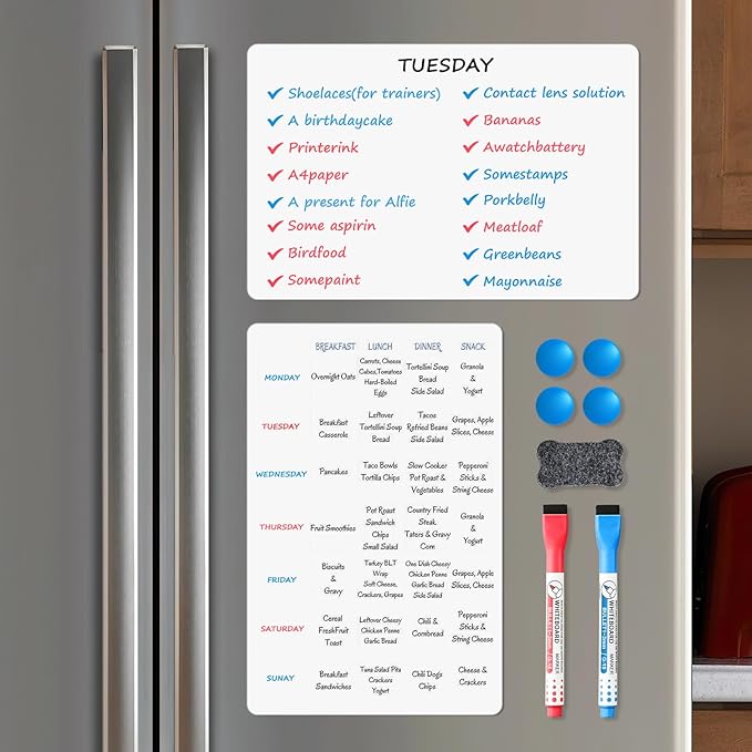 Magnetic Whiteboard for Fridge, 17" x 11" Dry Erase Board Set with Markers & Eraser, Strong Magnet & Stain-Resistant Surface, Fridge Calendar for Notes, Grocery List, Meal Planning & Family Schedule
