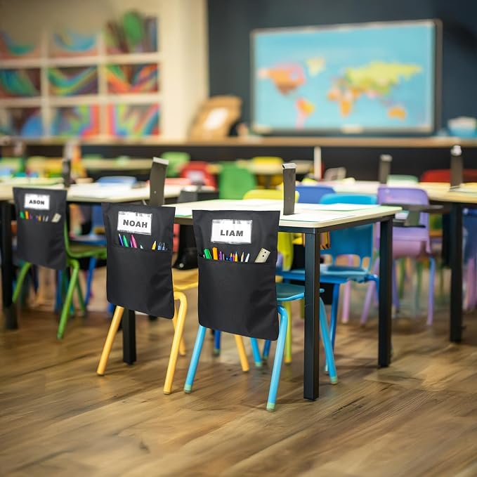 24 PCS Chair Pockets forClassrooms,19.5"x16.5" Seat Sacks for Classroom ChairsK-2, Classroom Student Chair Pockets for Kindergarten,Classroom,School, and Home Seating Storage, Black.