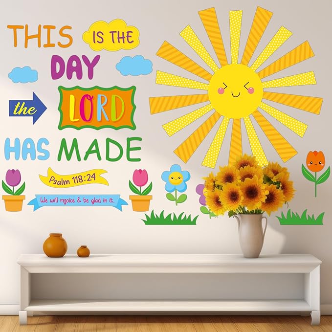 Fuyoooo 150 Pcs Spring Christian Bulletin Board Set Sunday School Bulletin Board Inspired Religious Classroom Decoration for Teacher Sunday School VBS Bible Church Summer Wall Decor(Bright Colors)
