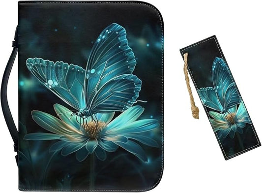 PU Bible Cover for Women- Bible Case with Leather Bookmark Set - Bible Study Supplies for Home, Office,Green Butterfly Daisy,Small