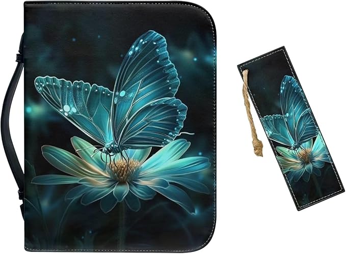 PU Bible Cover for Women- Bible Case with Leather Bookmark Set - Bible Study Supplies for Home, Office,Green Butterfly Daisy,Medium