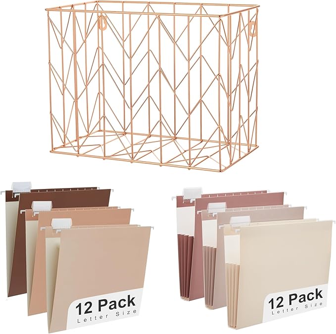 Y YOMA Hanging File Organizer, Letter Size Rose Gold Metal Desk File Crate Storage Basket for Home Office, 1 Pack, with Coco Mocha Standard + Extra Capacity Hanging Folder Set