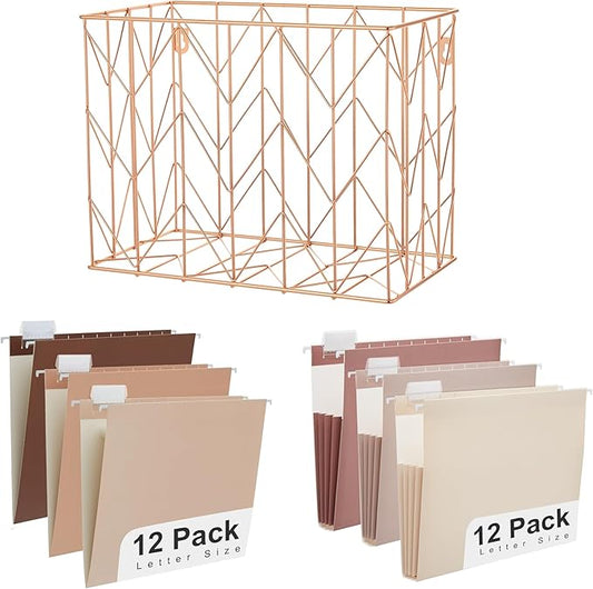 Y YOMA Hanging File Organizer, Letter Size Rose Gold Metal Desk File Crate Storage Basket for Home Office, 1 Pack, with Coco Mocha Standard + Extra Capacity Hanging Folder Set