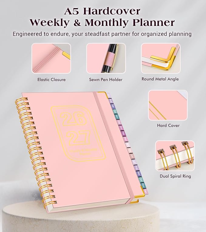 Academic Planner 2026-2027, 18 Months Weekly and Monthly Hardcover Planner, July 2026 - December 2027, 8.5" x 11" A4 Large Daily Calendar Planner Book with Tabs, Spiral College School Agenda Organizer for Student Teacher, Pink