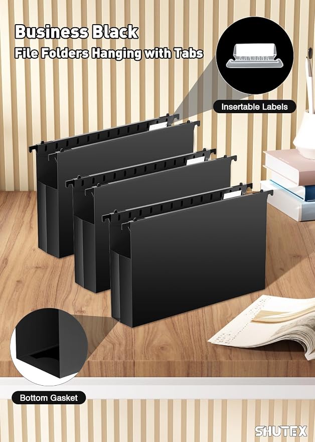 SHUTEX Extra Capacity Legal Size Hanging File Folders,12 Pack Reinforced Plastic Hanging Folder, Heavy Duty 2 Inch Expansion, Filing Cabinet Folders for Bulky Files, Medical Charts, Black