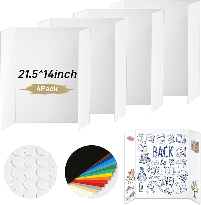 PSHVYM 4 Pcs Small Trifold Poster Board, 21.5 x 14 inches Poster Board with Double Sided Tapes and Cardboard, Corrugated Presentation/Display Board for School Project, Science Fair, Business