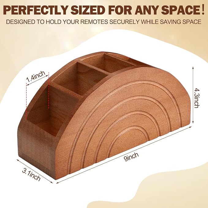 SiliFine Wooden Remote Control Holder Caddy with 5-compartment Pine Wood Boho Rainbow Arch Design Desktop Storage Box Organizer for TV Remotes Makeup Brushes Office Supplies for Table Desk Living Room