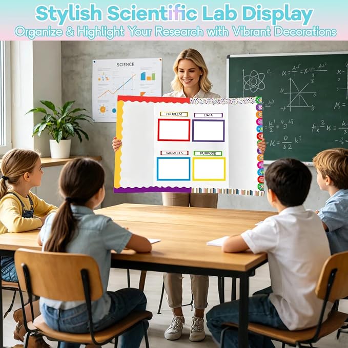 Science Fair Board Supplies 98 Pcs Includes 24 Presentation Boards 60 Trim Scalloped Bulletin Borders 8 Science Fair Titles 5 Letter Stickers 1 Double-Sided Tape for Scientific Display (Multicolor)