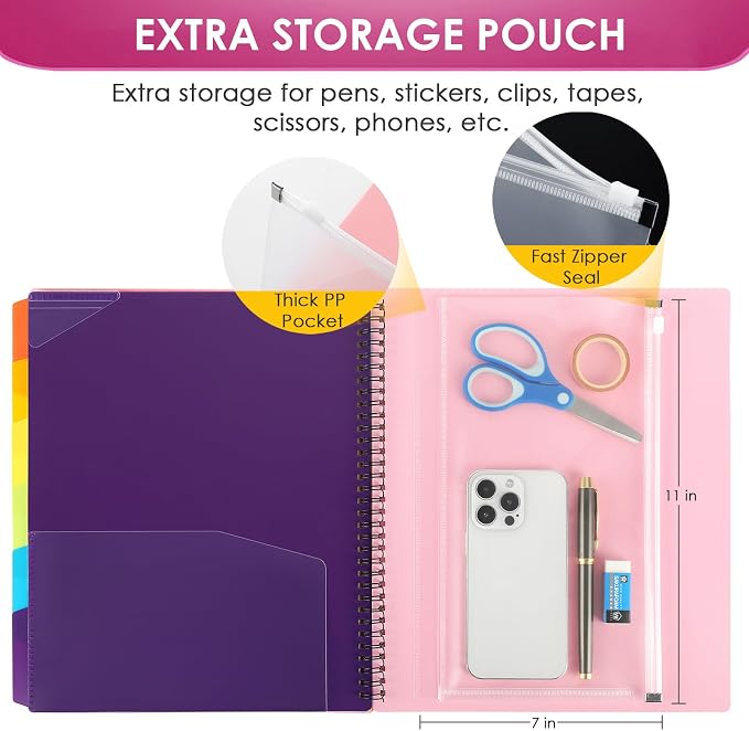 KTRIO 12 Pocket Project Organizer, Letter Size Spiral Binder,Pink | 12 Pocket Storage,Letter Size Fit,Water-Resistant Poly,Zip Pouch Included,Writable Color Tabs