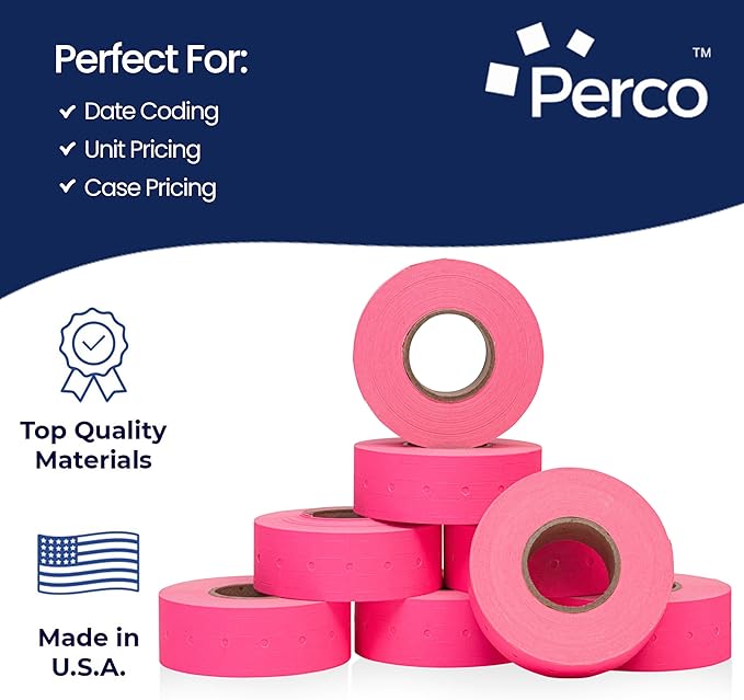 Perco 1 Line Fluorescent Pink Labels - 80 Rolls, 10 Sleeves, 80,000 Blank Price and Date Gun Labels for Perco Lite, X, Plus and Pro 1 Line Price and Date Guns - Made in USA