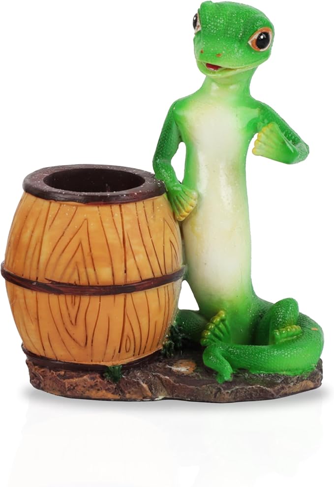 Green Gecko Pencil Holder with Tree Stump or Barrel Storage, Figurine Desktop Accessory (Barrel)