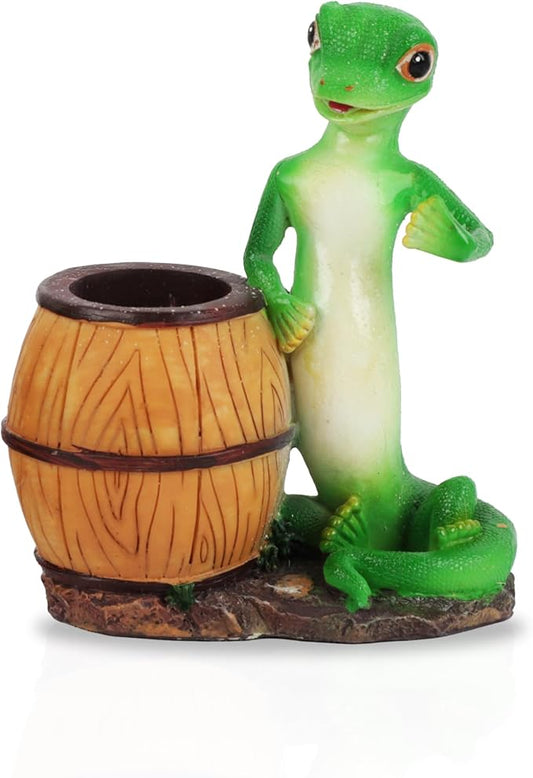Green Gecko Pencil Holder with Tree Stump or Barrel Storage, Figurine Desktop Accessory (Barrel)