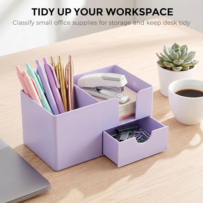 SKYDUE Small Desk Organizer with Drawer | 3 Compartments, Desk Pen Holder, For Home, School, Classroom & Office