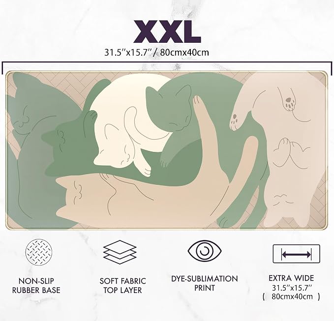 Cute Sleeping Cats Desk Mat Matcha Green Desk Pad, Minimalist Boho Mouse Pad XXL, Cream Tan Gaming Deskmat, Large Kawaii Keyboard Mat, Fun Office Decor Desk Accessories for Women 31.5"x15.75"