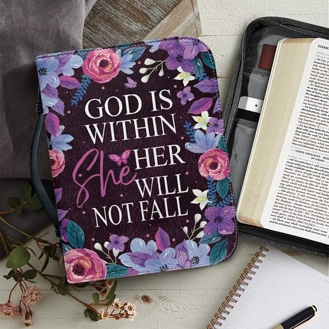 Gods Letter Flowers Bible Cover for Women - PU Leather Case with Handle, Waterproof Protector, Lightweight Tote Bag for Men, Large Size
