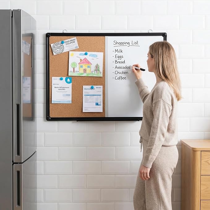 Magnetic White Board and Cork Board Combo, 24" x 18" Combination Bulletin & Dry Erase Board, Wall Mounted for Home, School and Office, Black Aluminum Frame